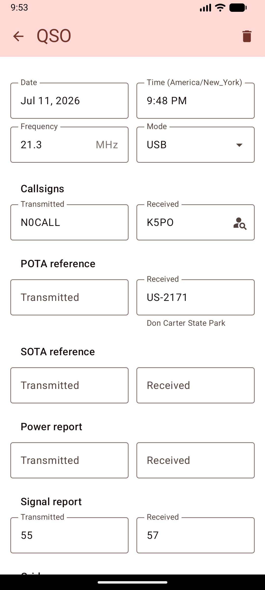Ham Logger QSO entry screen with POTA reference US-2171 resolved to Don Carter State Park