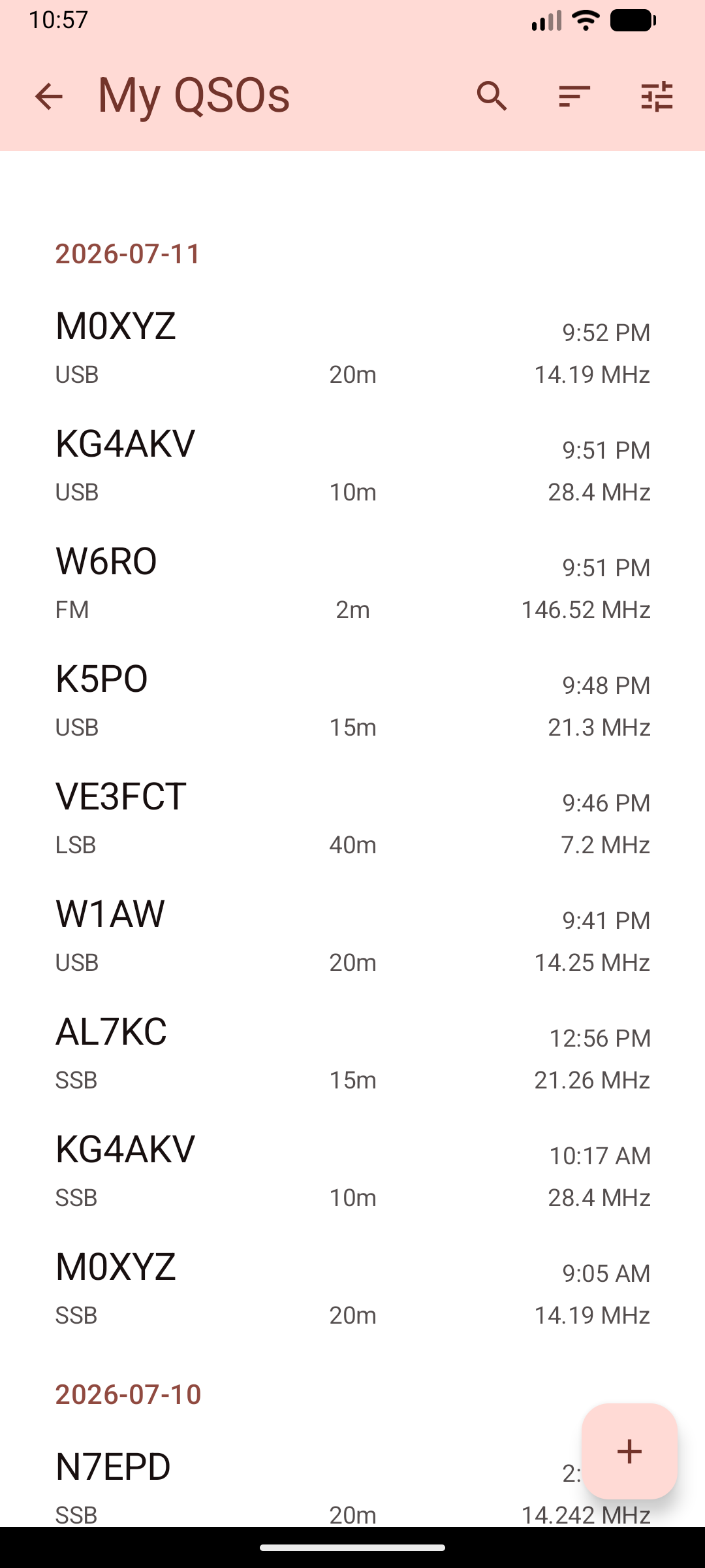 Ham Logger QSO list showing contacts across 20m, 40m, 15m, 2m and 10m