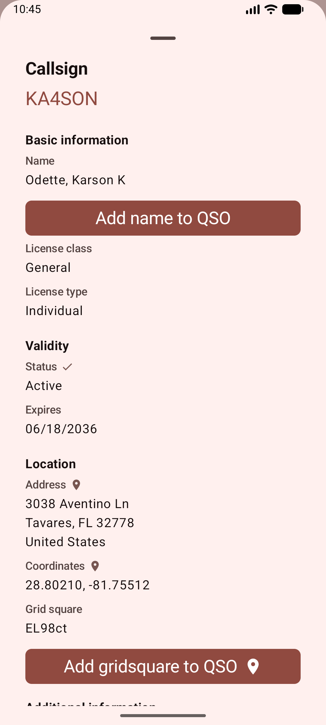 Ham Logger callsign lookup showing KA4SON with license class, status, address, and gridsquare